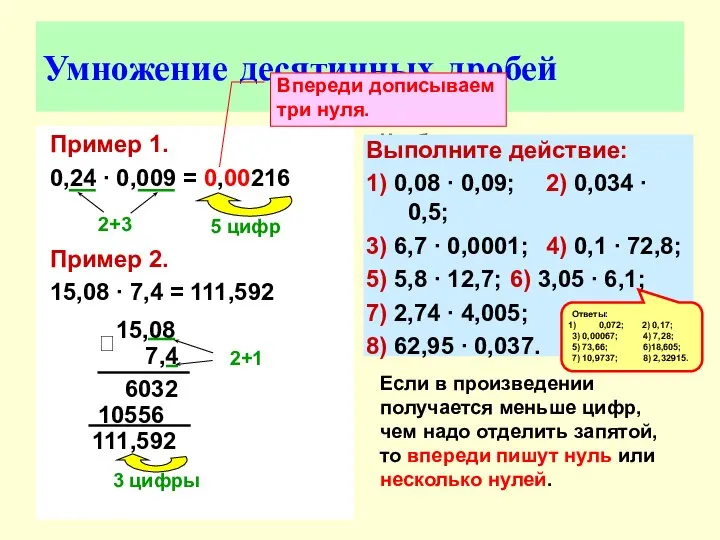 Умножение десятичных дробей Пример 1. 0,24 ∙ 0,009 = 0,00216 Пример