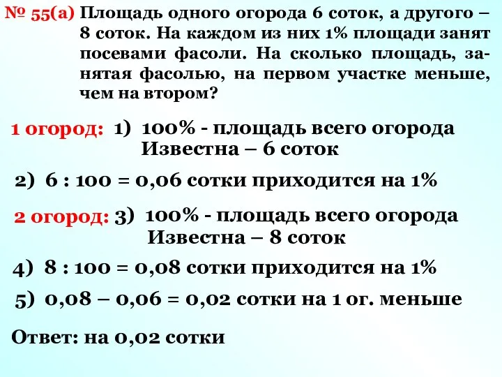 № 55(а) Площадь одного огорода 6 соток, а другого – 8