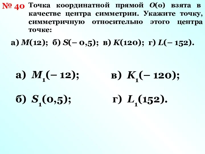 Точка координатной прямой О(о) взята в качестве центра симметрии. Укажите точку,