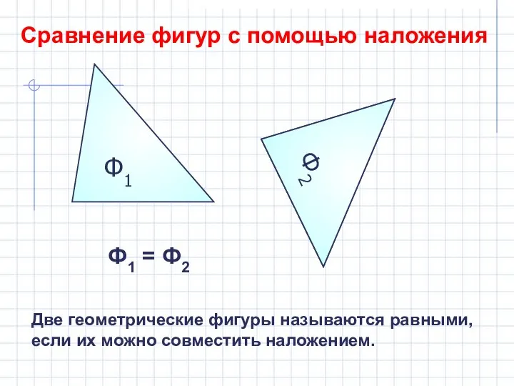 Ф1 Сравнение фигур с помощью наложения Ф2 Ф2 Ф1 = Ф2