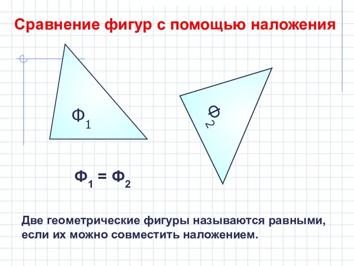 Ф1 Сравнение фигур с помощью наложения Ф2 Ф2 Ф1 = Ф2