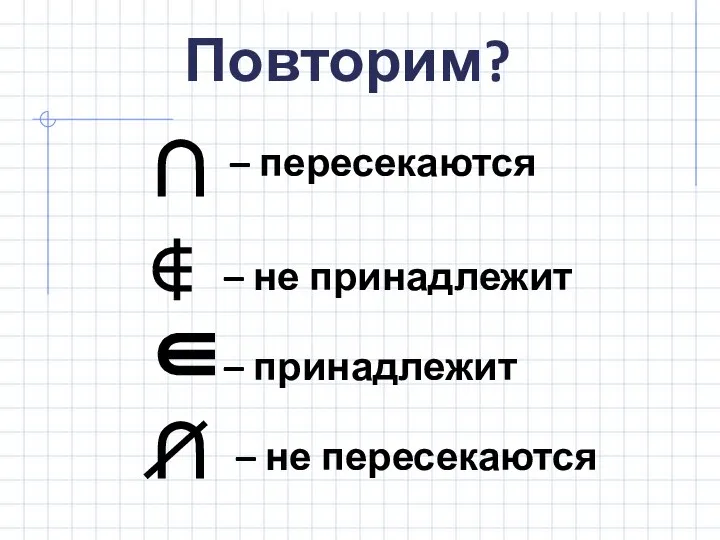 ∩ – пересекаются ∉ – не принадлежит ∈ – принадлежит – не пересекаются Повторим?