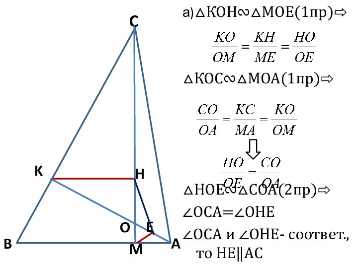 а)△КОН∾△МОЕ(1пр)⇨ △КОС∾△МОА(1пр)⇨ △НОЕ∾△СОА(2пр)⇨ ∠ОСА=∠ОНЕ ∠ОСА и ∠ОНЕ- соответ., то НЕ‖АС O