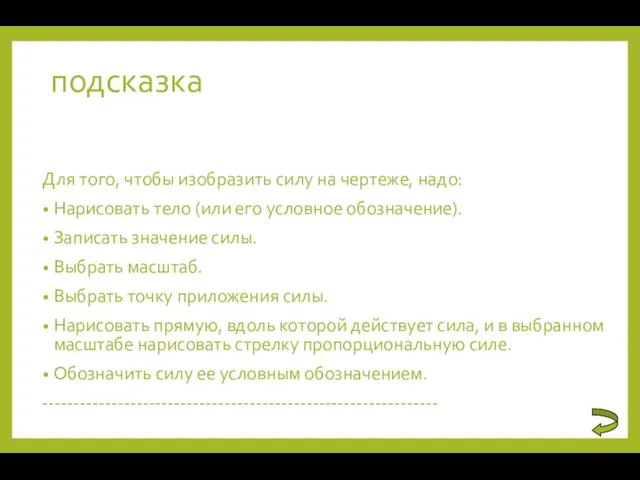 подсказка Для того, чтобы изобразить силу на чертеже, надо: Нарисовать тело