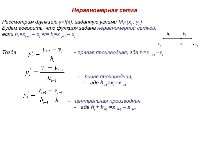 Неравномерная сетка Рассмотрим функцию y=f(x), заданную узлами Mi=(xi ; yi )