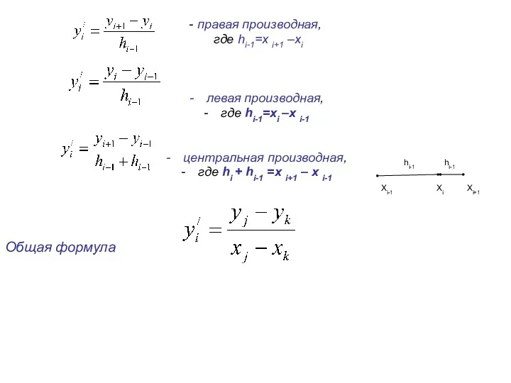 - правая производная, где hi-1=x i+1 –xi левая производная, где hi-1=xi