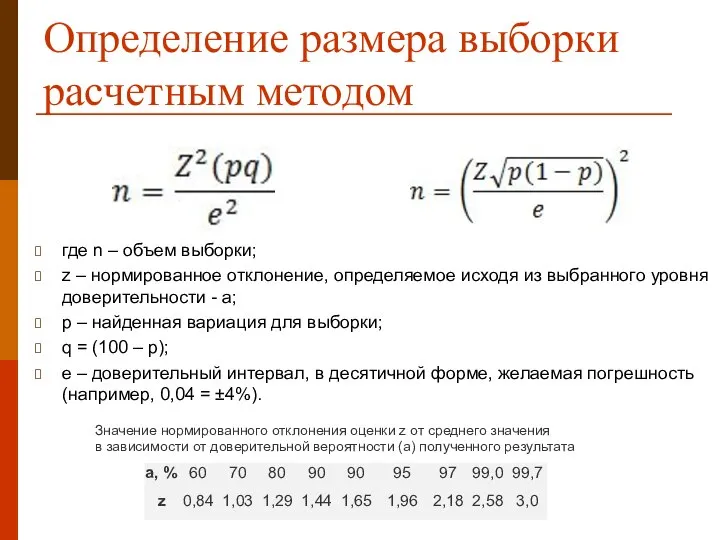 Определение размера выборки расчетным методом где n – объем выборки; z