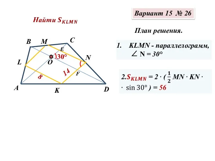 Вариант 15 № 26 План решения. KLMN - параллелограмм, ∠ N = 30°