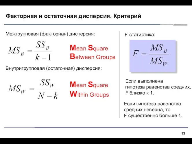 Факторная и остаточная дисперсия. Критерий Межгрупповая (факторная) дисперсия: Внутригрупповая (остаточная) дисперсия: