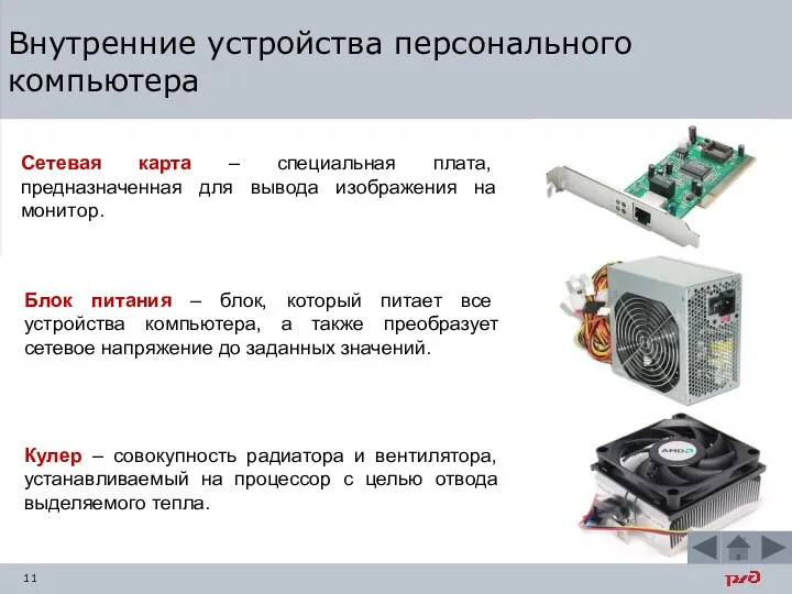 Внутренние устройства персонального компьютера Сетевая карта – специальная плата, предназначенная для