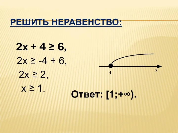 РЕШИТЬ НЕРАВЕНСТВО: 2х + 4 ≥ 6, 2х ≥ -4 +