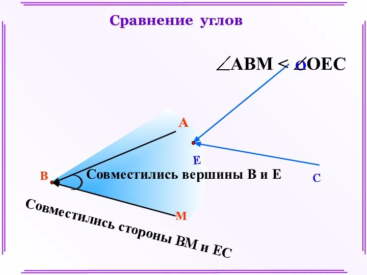 В М А Совместились вершины В и Е Совместились стороны ВМ и ЕС Сравнение углов