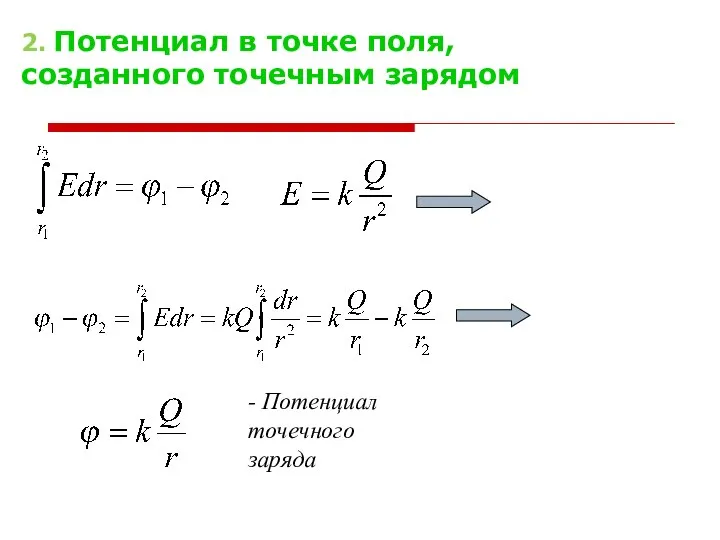 2. Потенциал в точке поля, созданного точечным зарядом - Потенциал точечного заряда