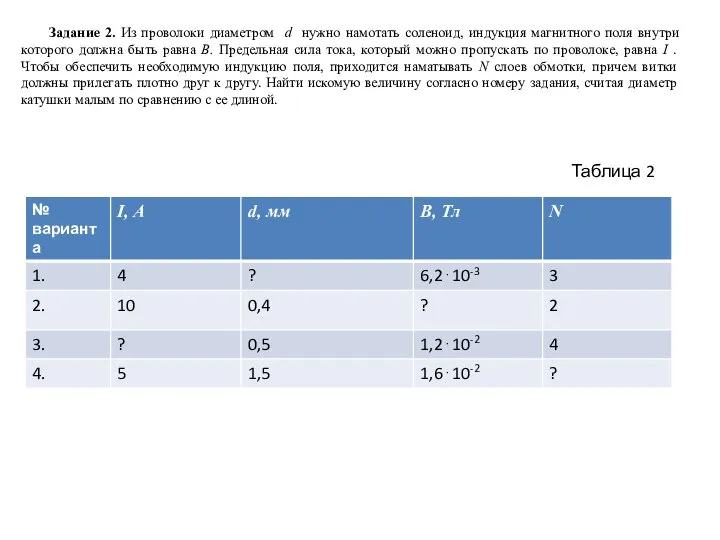 Задание 2. Из проволоки диаметром d нужно намотать соленоид, индукция магнитного