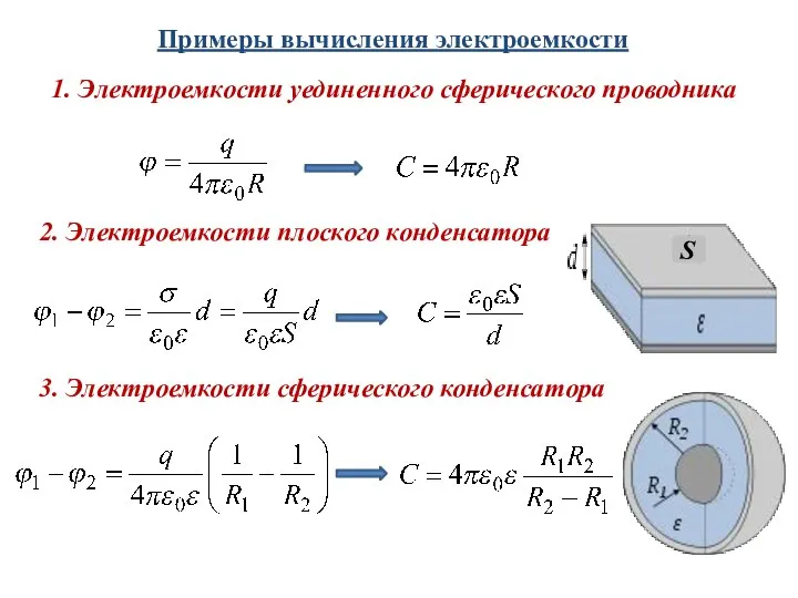 Примеры вычисления электроемкости 1. Электроемкости уединенного сферического проводника 2. Электроемкости плоского