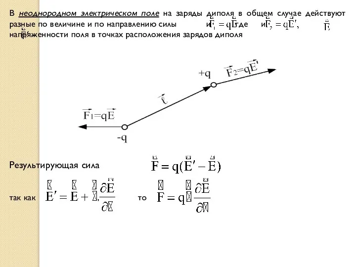 В неоднородном электрическом поле на заряды диполя в общем случае действуют