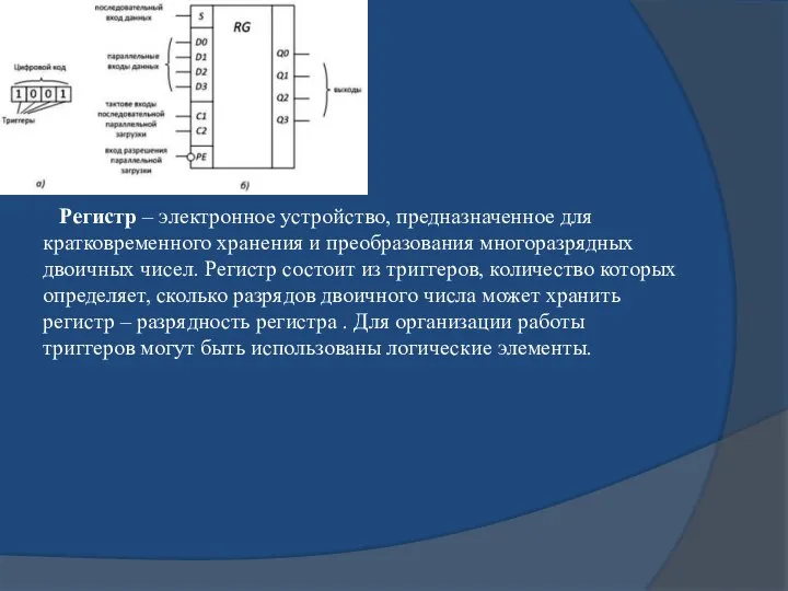 Регистр – электронное устройство, предназначенное для кратковременного хранения и преобразования многоразрядных