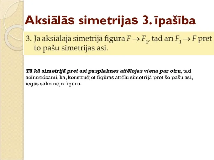 Aksiālās simetrijas 3. īpašība Tā kā simetrijā pret asi pusplaknes attēlojas