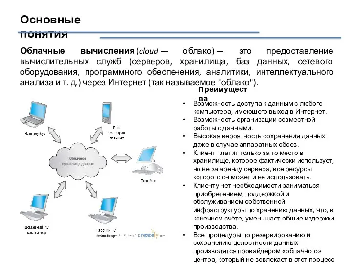 Основные понятия Облачные вычисления (cloud — облако) — это предоставление вычислительных