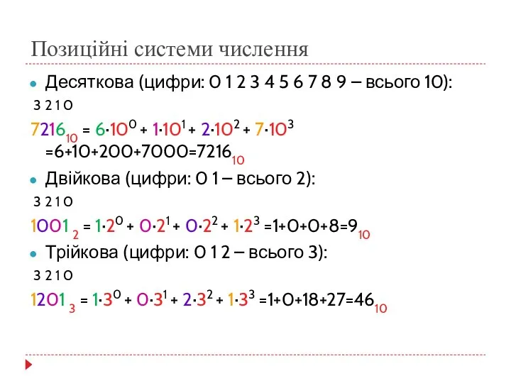Позиційні системи числення Десяткова (цифри: 0 1 2 3 4 5