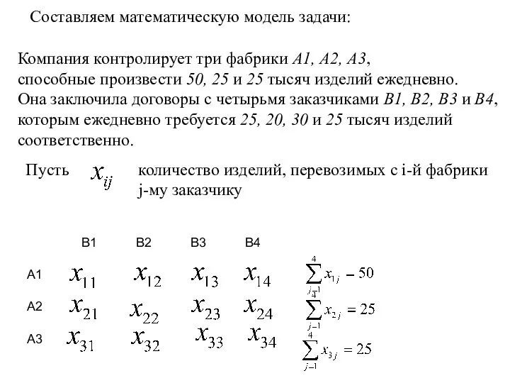 Компания контролирует три фабрики А1, А2, А3, способные произвести 50, 25