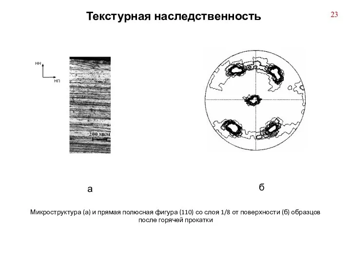 Микроструктура (а) и прямая полюсная фигура (110) со слоя 1/8 от