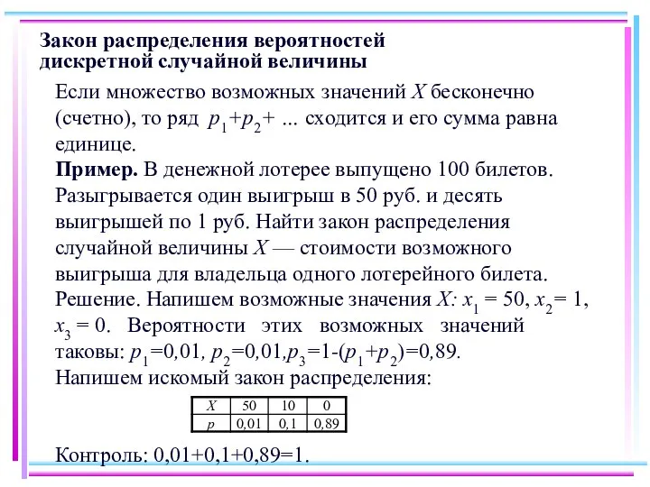 Закон распределения вероятностей дискретной случайной величины Если множество возможных значений X