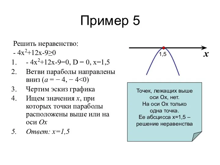 Пример 5 Решить неравенство: - 4х2+12х-9≥0 - 4х2+12х-9=0, D = 0,