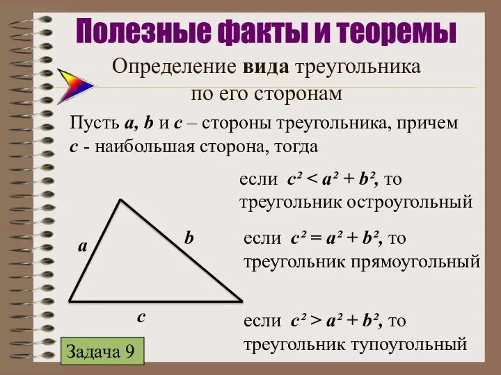 Определение вида треугольника по его сторонам Пусть а, b и с