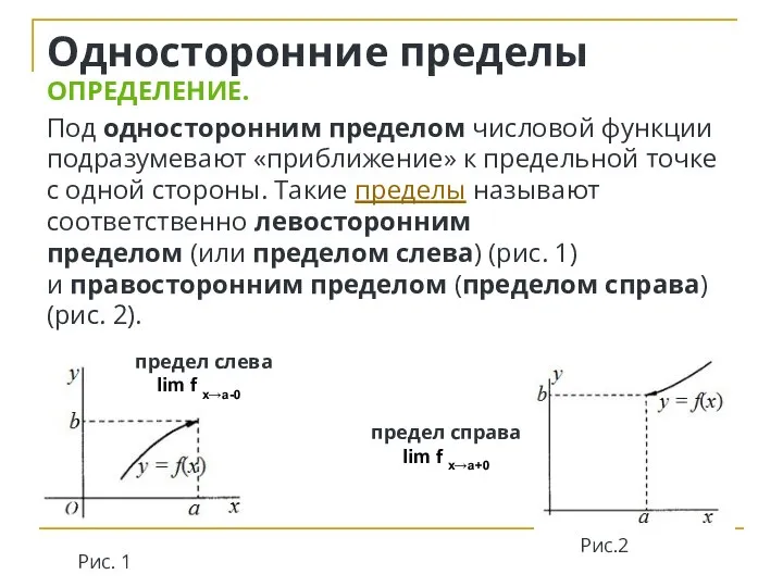 Односторонние пределы ОПРЕДЕЛЕНИЕ. Под односторонним пределом числовой функции подразумевают «приближение» к