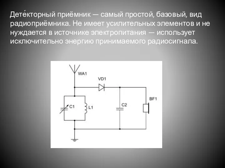 Дете́кторный приёмник — самый простой, базовый, вид радиоприёмника. Не имеет усилительных