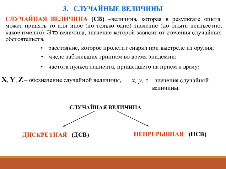 3. СЛУЧАЙНЫЕ ВЕЛИЧИНЫ СЛУЧАЙНАЯ ВЕЛИЧИНА (СВ) –величина, которая в результате опыта