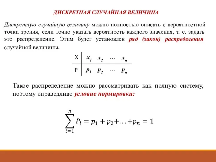 Дискретную случайную величину можно полностью описать с вероятностной точки зрения, если