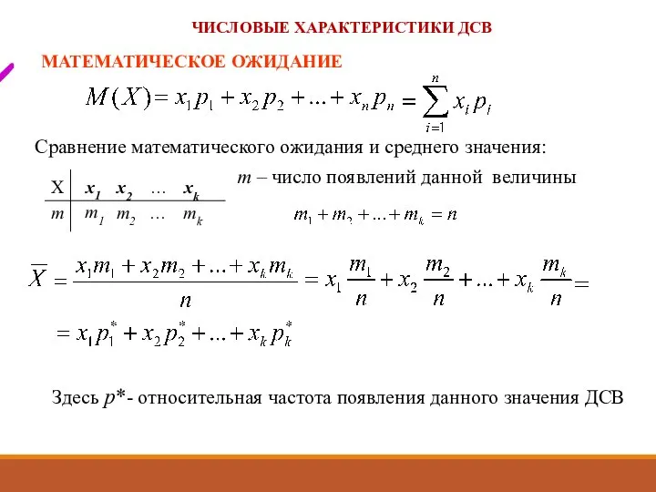 ЧИСЛОВЫЕ ХАРАКТЕРИСТИКИ ДСВ Сравнение математического ожидания и среднего значения: m –