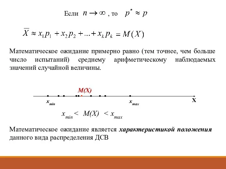 Математическое ожидание примерно равно (тем точнее, чем больше число испытаний) среднему