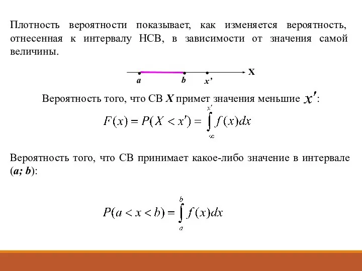 Вероятность того, что СВ принимает какое-либо значение в интервале (a; b):