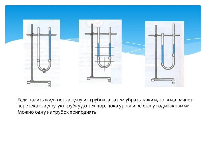 Если налить жидкость в одну из трубок, а затем убрать зажим,