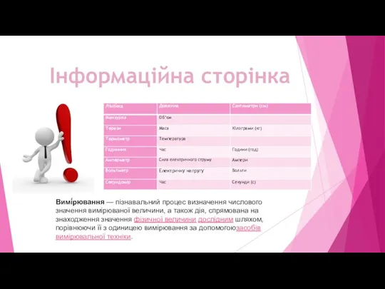 Інформаційна сторінка Вимі́рювання — пізнавальний процес визначення числового значення вимірюваної величини,