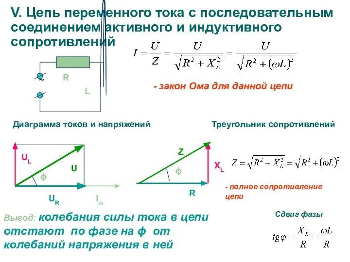 V. Цепь переменного тока с последовательным соединением активного и индуктивного сопротивлений