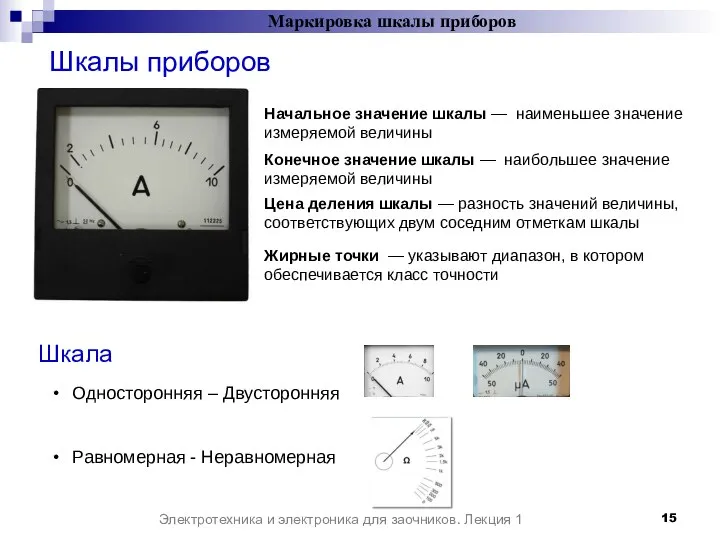 Шкалы приборов Электротехника и электроника для заочников. Лекция 1 Маркировка шкалы