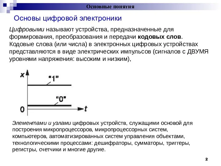 Основы цифровой электроники Основные понятия Цифровыми называют устройства, предназначенные для формирования,