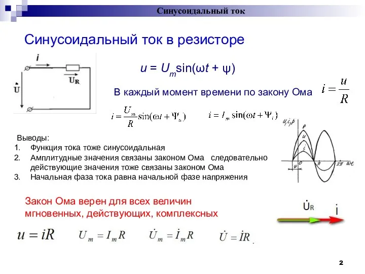 Синусоидальный ток в резисторе Синусоидальный ток Выводы: Функция тока тоже синусоидальная