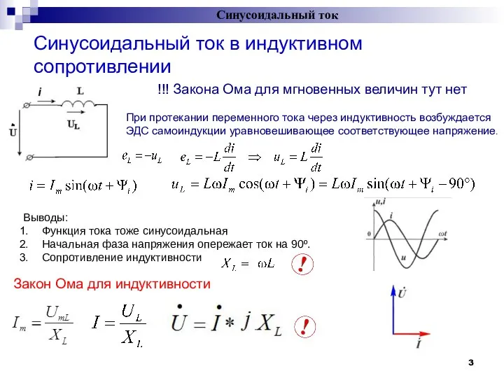 Синусоидальный ток в индуктивном сопротивлении Синусоидальный ток Выводы: Функция тока тоже