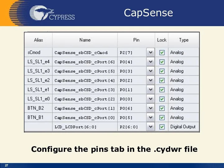 CapSense Configure the pins tab in the .cydwr file