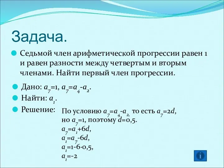 Задача. Седьмой член арифметической прогрессии равен 1 и равен разности между