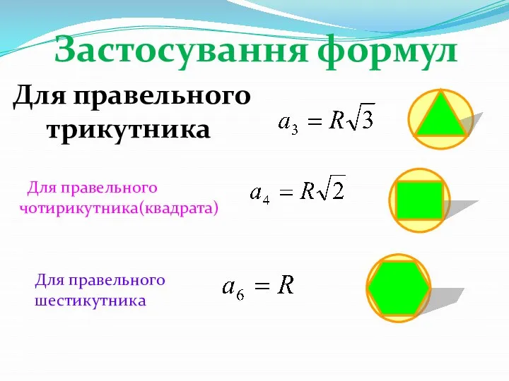 Застосування формул Для правельного трикутника Для правельного чотирикутника(квадрата) Для правельного шестикутника