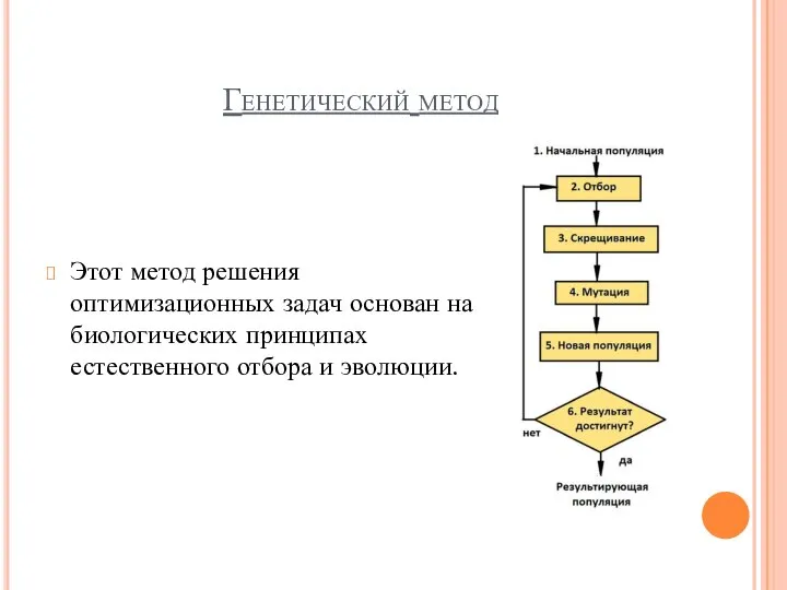 Генетический метод Этот метод решения оптимизационных задач основан на биологических принципах естественного отбора и эволюции.