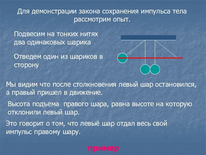 Для демонстрации закона сохранения импульса тела рассмотрим опыт. Подвесим на тонких