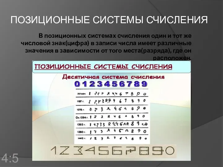 В позиционных системах счисления один и тот же числовой знак(цифра) в