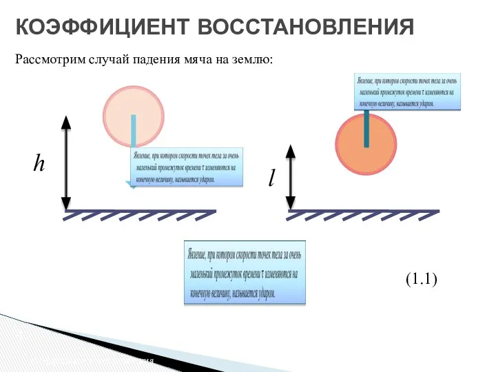 (1.1) КОЭФФИЦИЕНТ ВОССТАНОВЛЕНИЯ Рассмотрим случай падения мяча на землю: Коэффициент восстановления h l